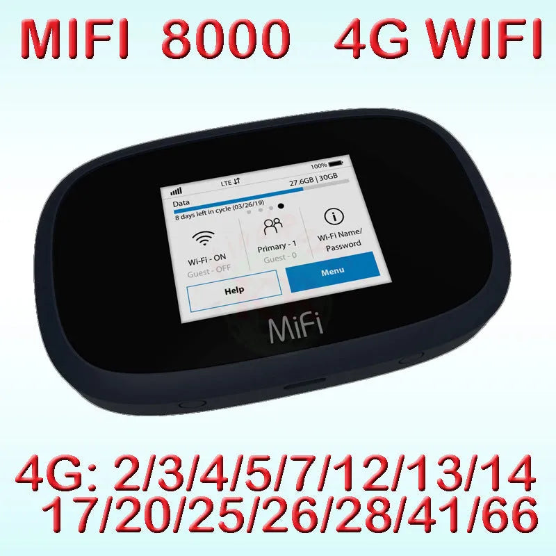 Mifi8000 black portable 4G wireless router showing compact design with dual-core processor for mobile internet