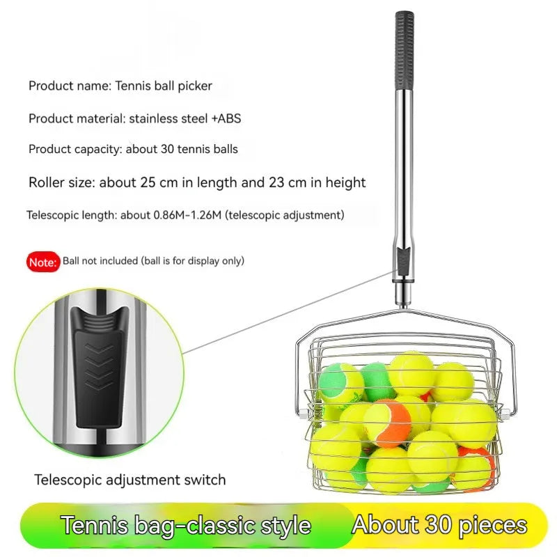 Stainless steel tennis ball picker with adjustable handle and roller mechanism for collecting balls
