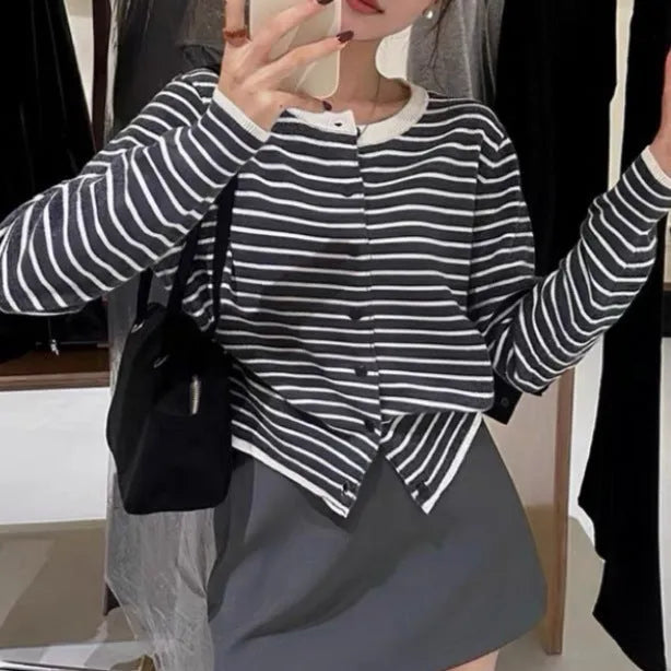 Women's dark grey and white striped cardigan coat with 40cm length and slim French style fit