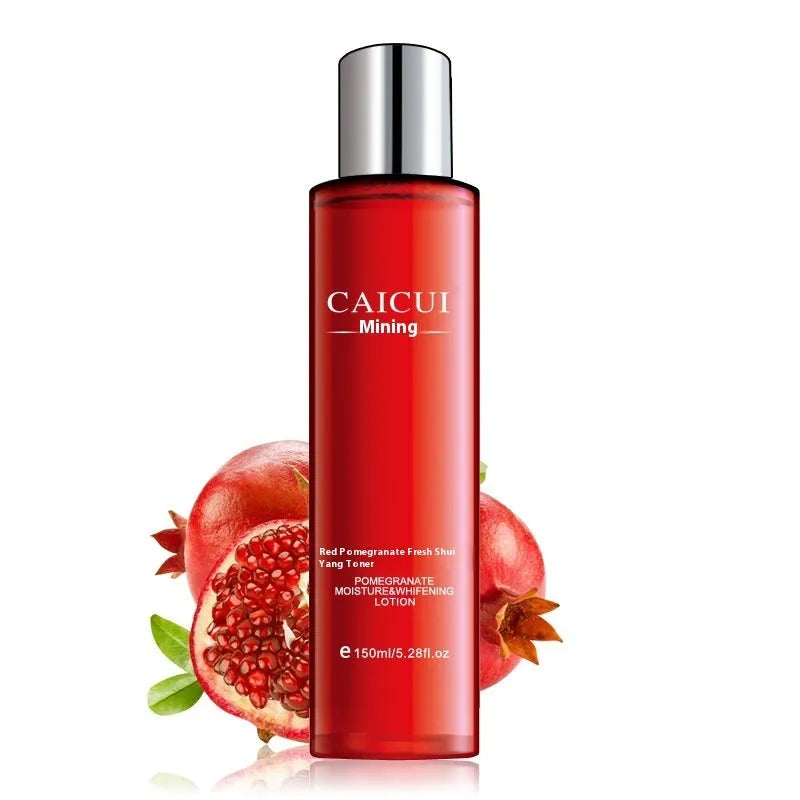 Red packaged pomegranate skincare set containing face wash, toner, lotion, and facial cream bottles.