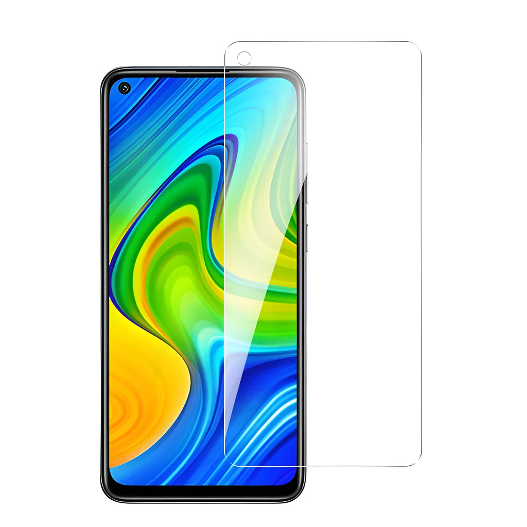 Tempered glass screen protector for Xiaomi and Redmi mobile phones on a white background.