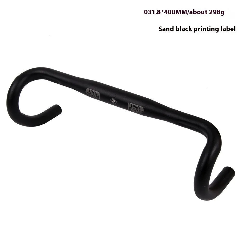 Black UNO aluminium alloy road bike drop handlebar showing curved shape and 31.8mm clamp section.