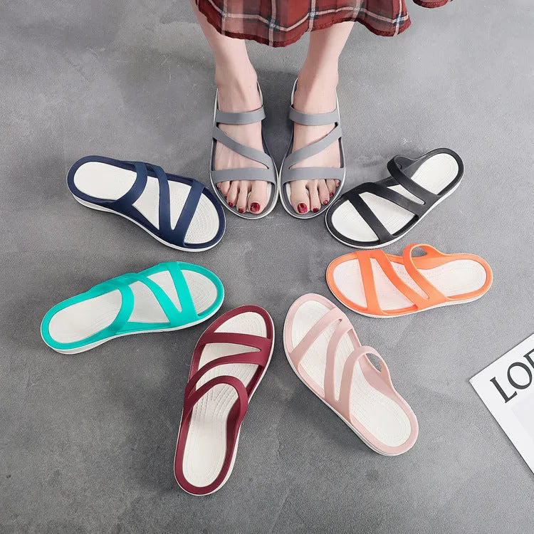 Women's solid-colour casual sandals in red, made from breathable PP material for summer.