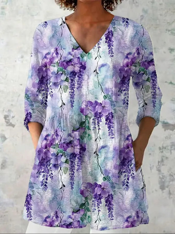 Women's retro slim fit long-sleeved top with digital printing, available in multiple colours.