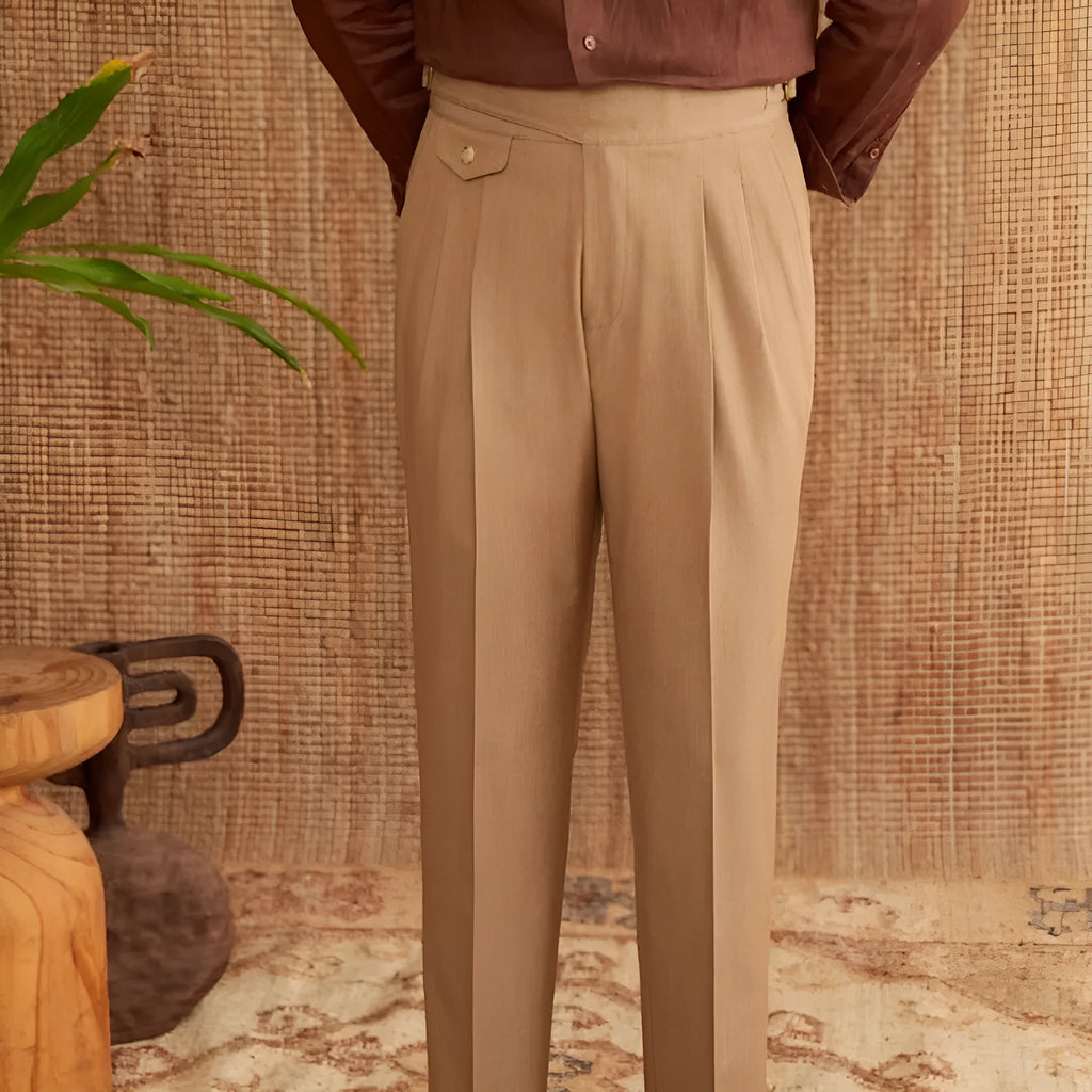 Men's slim fit straight leg trousers in dark grey, light brown, and light apricot