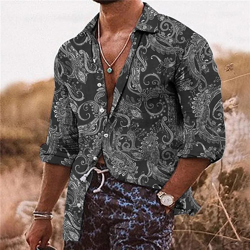 Men's casual shirt with 3D floral pattern in loose fit long sleeve design