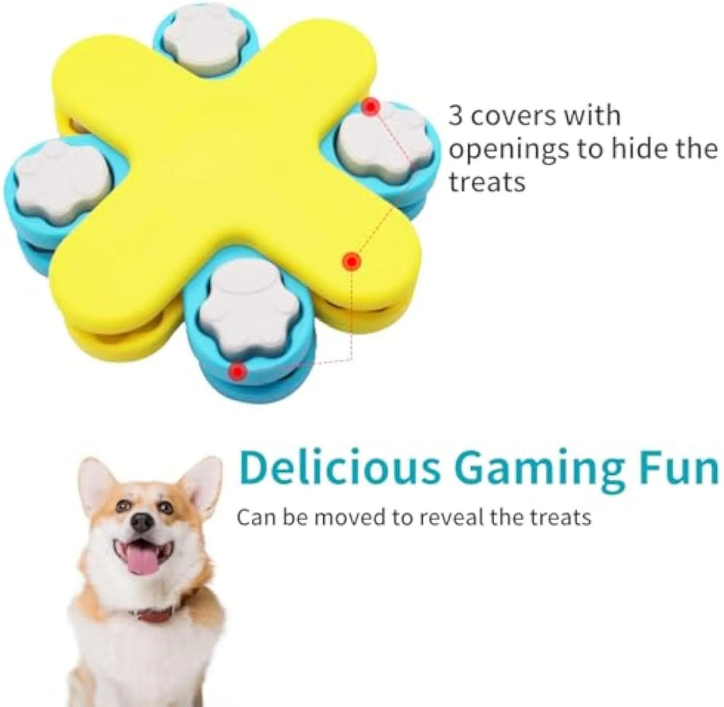 Yellow three-layer rotating dog puzzle feeder with claw-shaped lids and anti-slip rubber pads