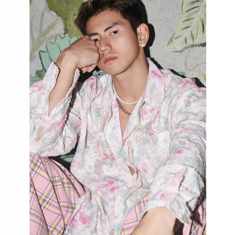 Pink loose fit women's floral shirt with embossed long sleeve pattern