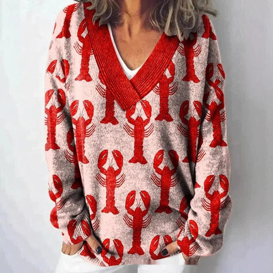 Women's V-neck floral print sweatshirt with long sleeves in wool woven fabric.