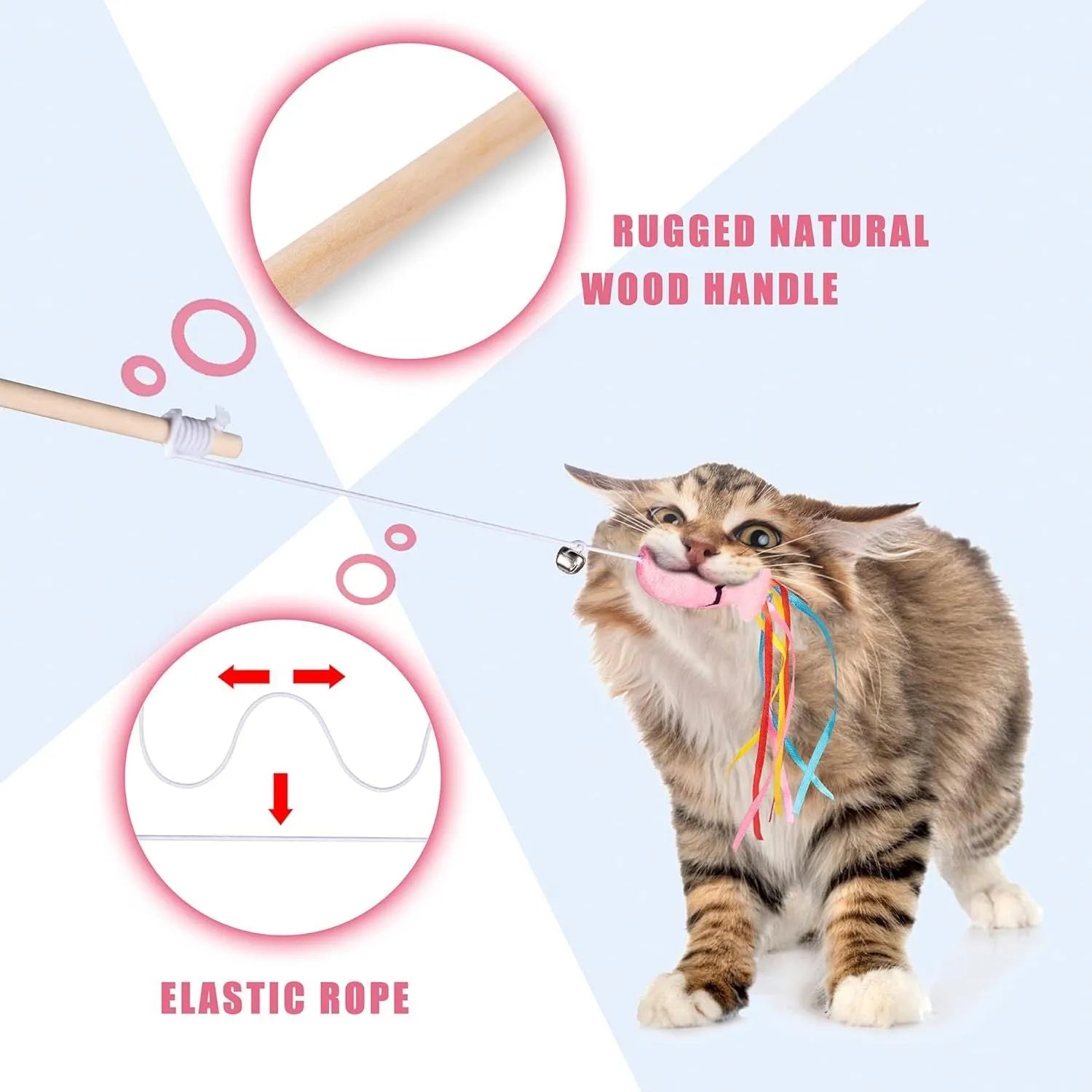 Cat wand toy with colourful ribbons, catnip fish and bell on wooden handle