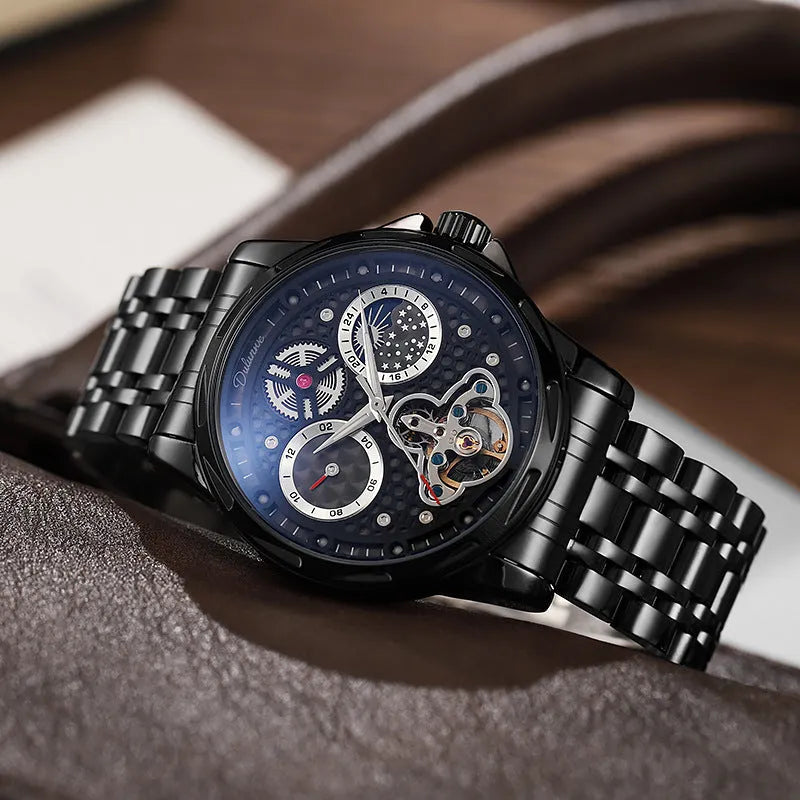 Men's automatic watch with luminous hands on a steel bracelet, black dial, and waterproof case.