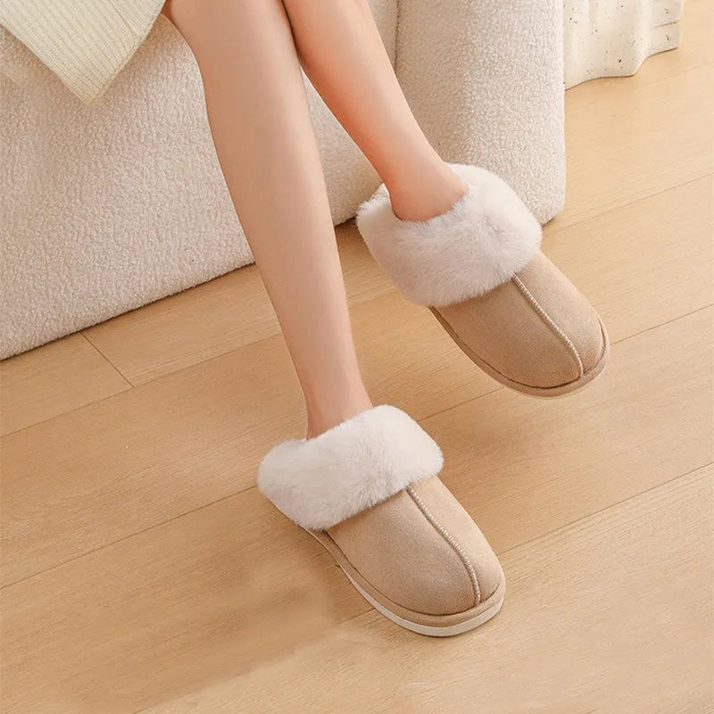 Women's winter plush slippers with round toe design in brown colour showing stitching detail
