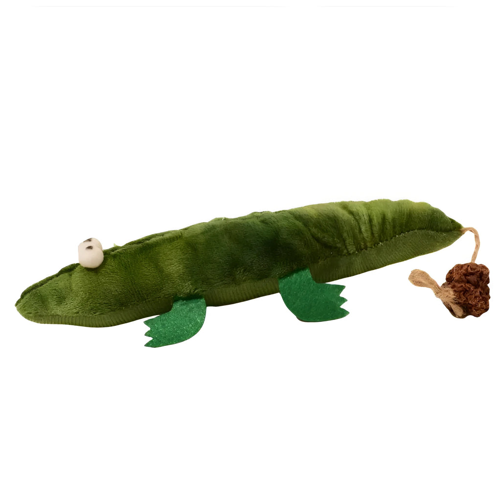 Green plush alligator cat toy with plant-based materials and peppermint scent for oral cleansing