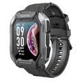Smartwatch with silicone wristband showing touch screen display and health monitoring functions