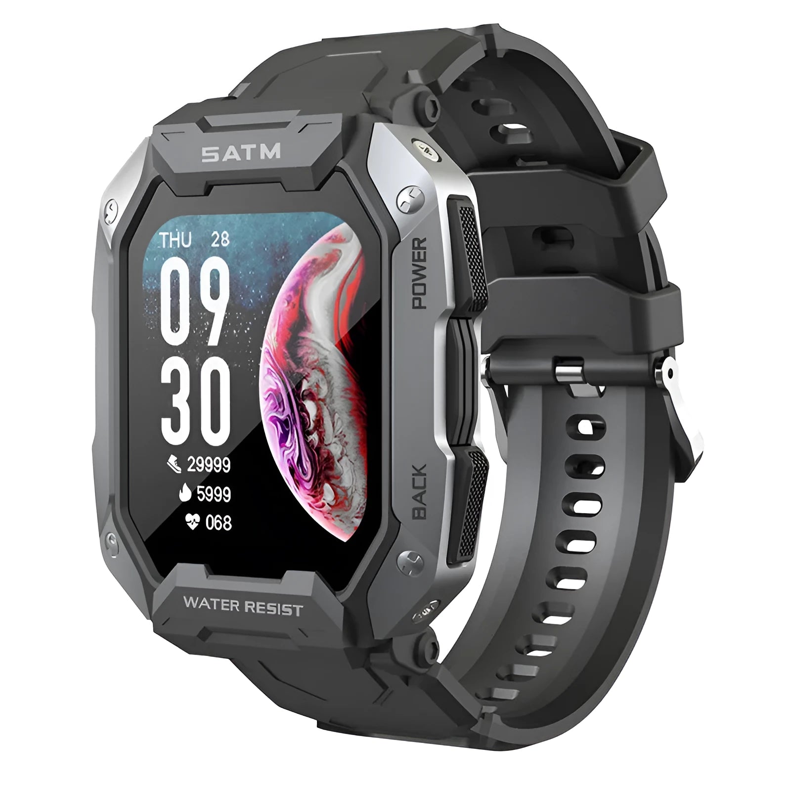 Smartwatch with silicone wristband showing touch screen display and health monitoring functions