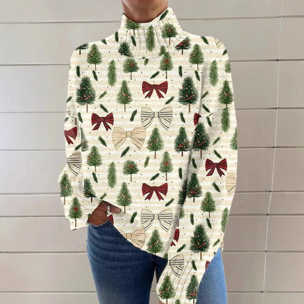 Women's Christmas printed turtleneck sweater with painting pattern in macaron colours, loose casual style