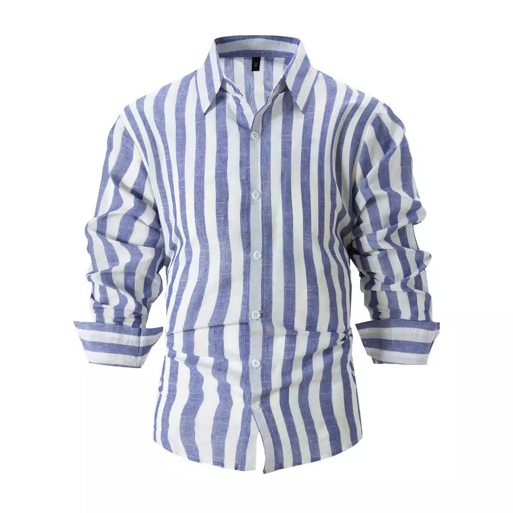 Men's yarn-dyed striped casual long sleeve shirt in British style loose cardigan fit