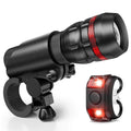 Bicycle safety light set showing front flashlight with mounting bracket and separate red taillight