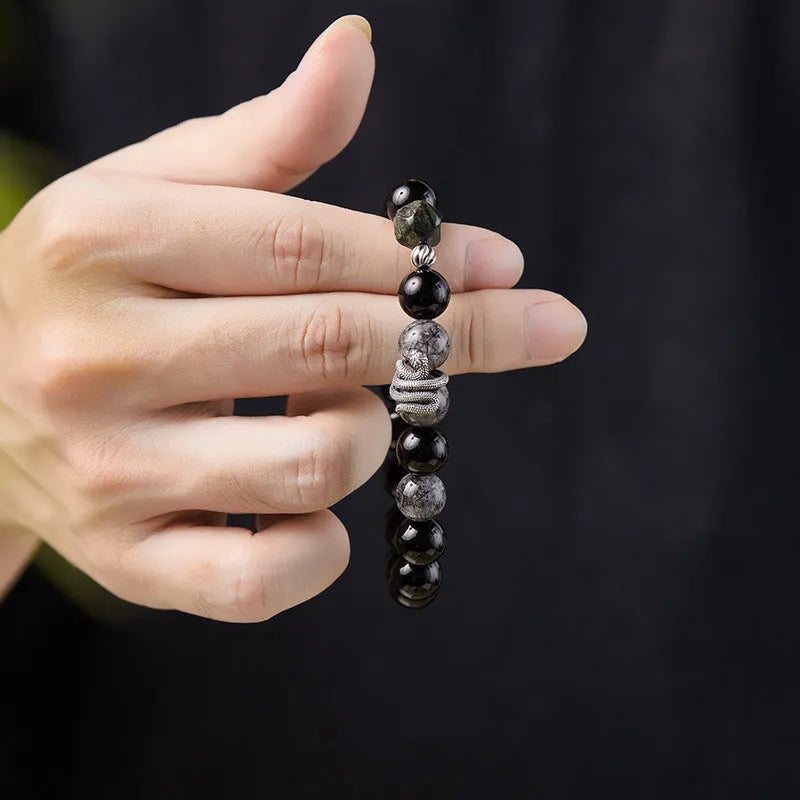 S925 sterling silver men's bracelet with obsidian black hair crystal and snake design
