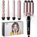 Rose gold hair curler with five interchangeable tubes and LCD display showing negative ion technology
