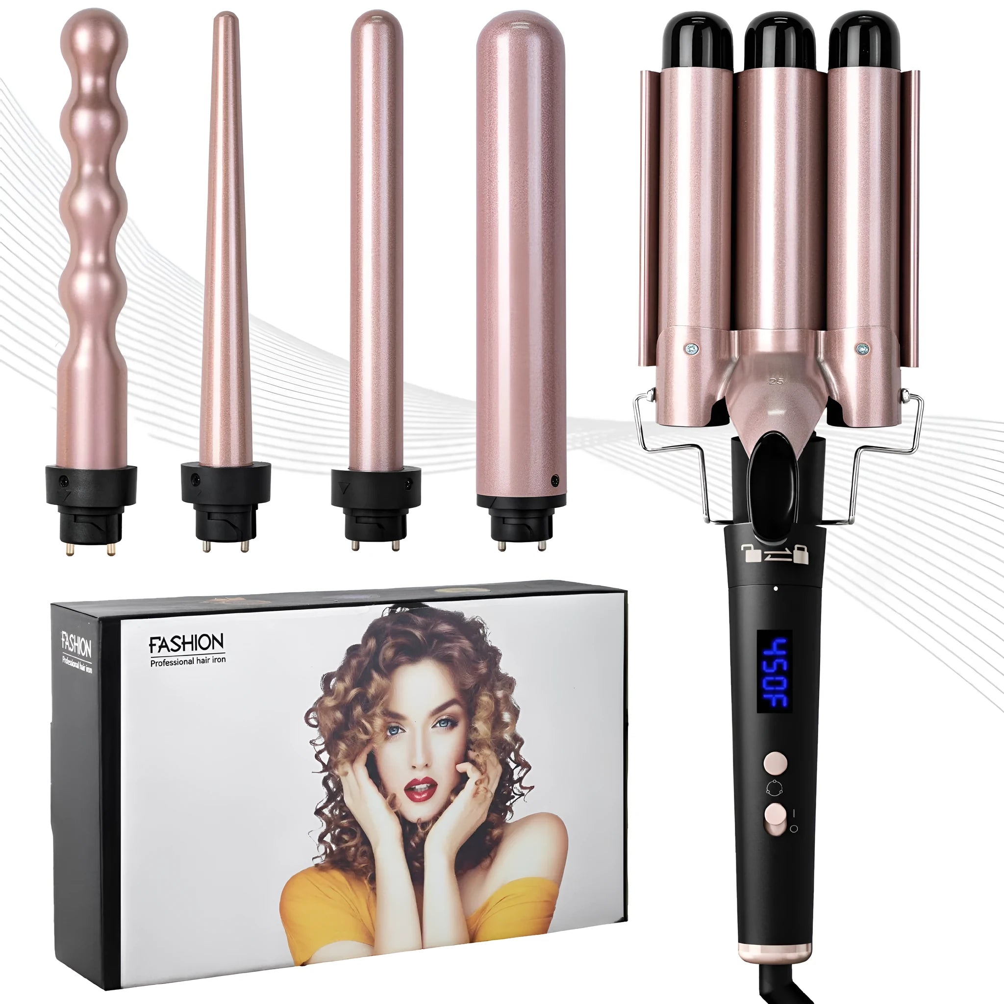 Rose gold hair curler with five interchangeable tubes and LCD display showing negative ion technology