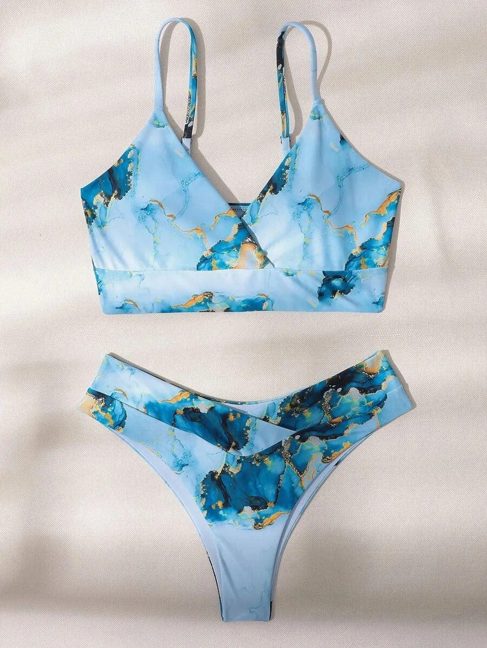 Women's marble tie-dye bikini set with U-neck top and high-waist briefs in blue colour variation