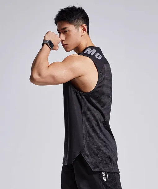Men's loose fit mesh sports vest in black, shown front view.