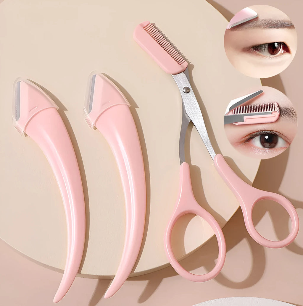 White and pink eyebrow trimming knife with curved moon comb and stainless steel blades