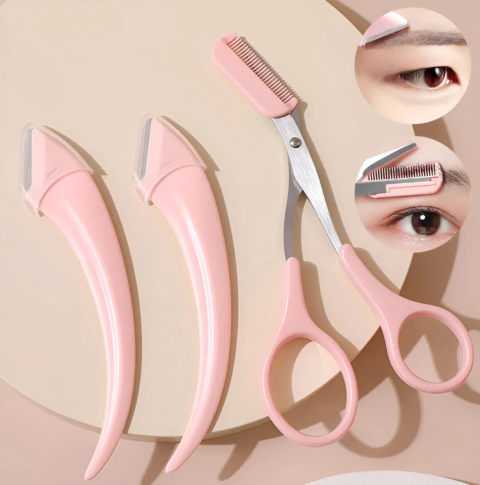 White and pink eyebrow trimming knife with curved moon comb and stainless steel blades