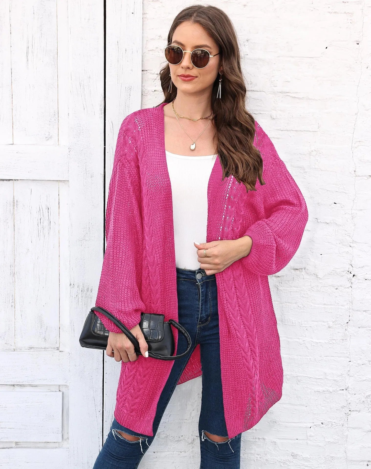 Women's loose acrylic cardigan in free size, shown in solid colour options including army green, black, brown, light grey, and rose red.