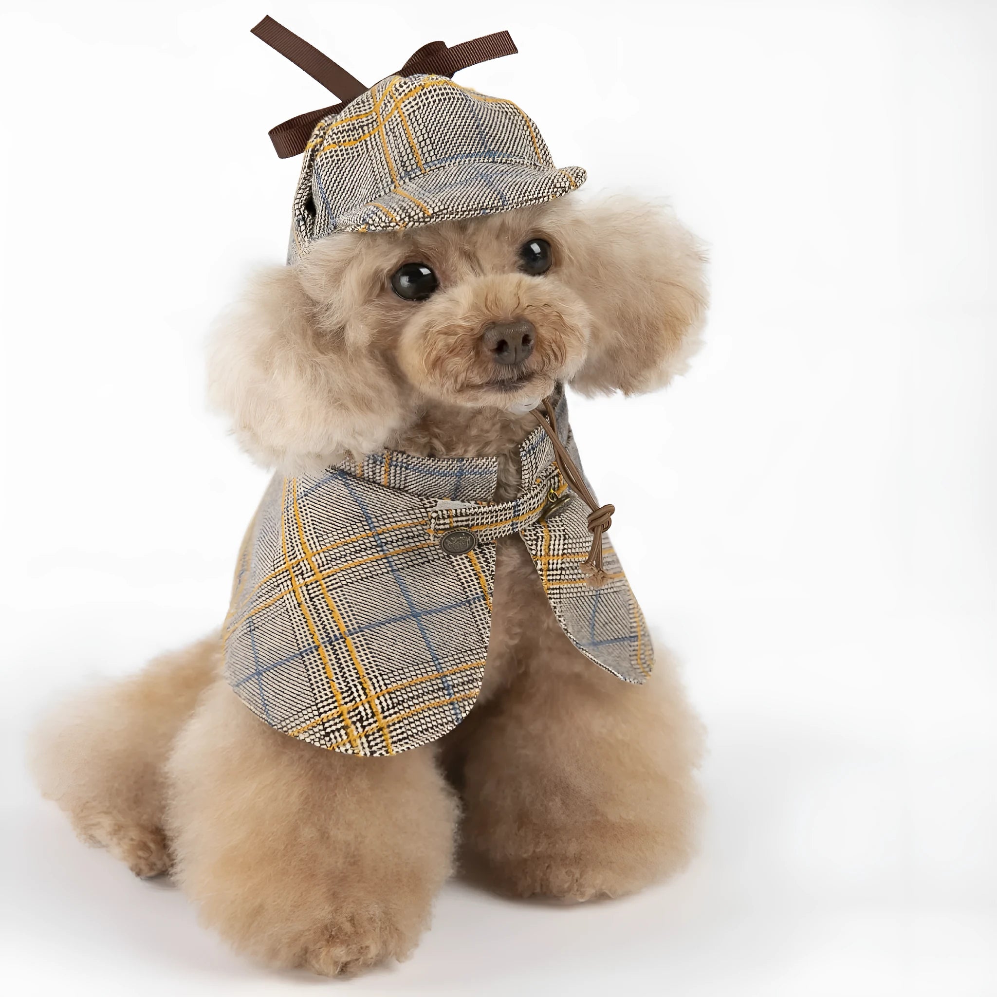 Camel coloured cotton pet cloak with adjustable hat shown in cloak style for dog wear