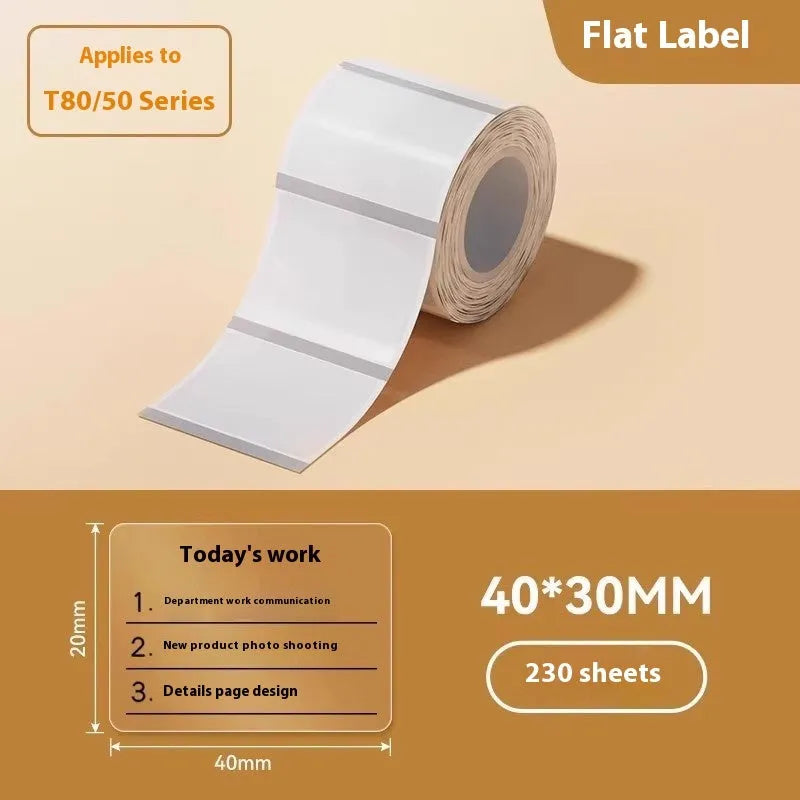 Pack of transparent waterproof adhesive label stickers showing rectangular and round sizes on a roll.
