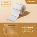 Pack of transparent waterproof adhesive label stickers showing rectangular and round sizes on a roll.