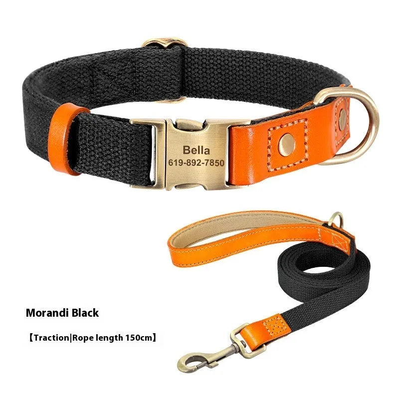 Mohair small dog neck collar and traction rope set in Mo Landi colours with lettering detail