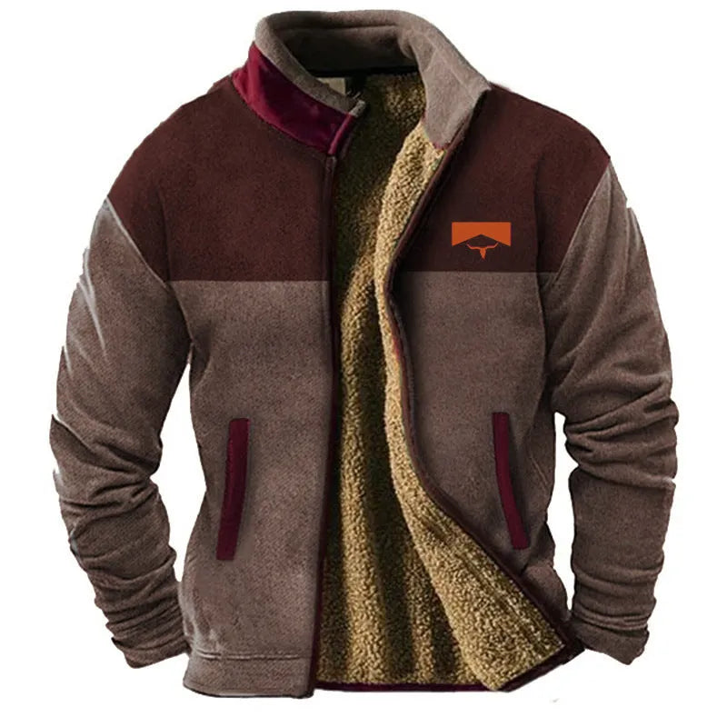 Men's polyester padded coat in regular length on a hanger, available in blue, green and light brown.