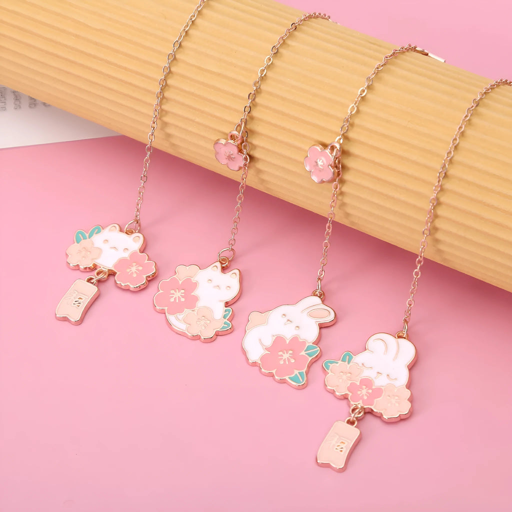 Metal pendant bookmark with cherry blossom cat and rabbit cartoon designs for books and journals