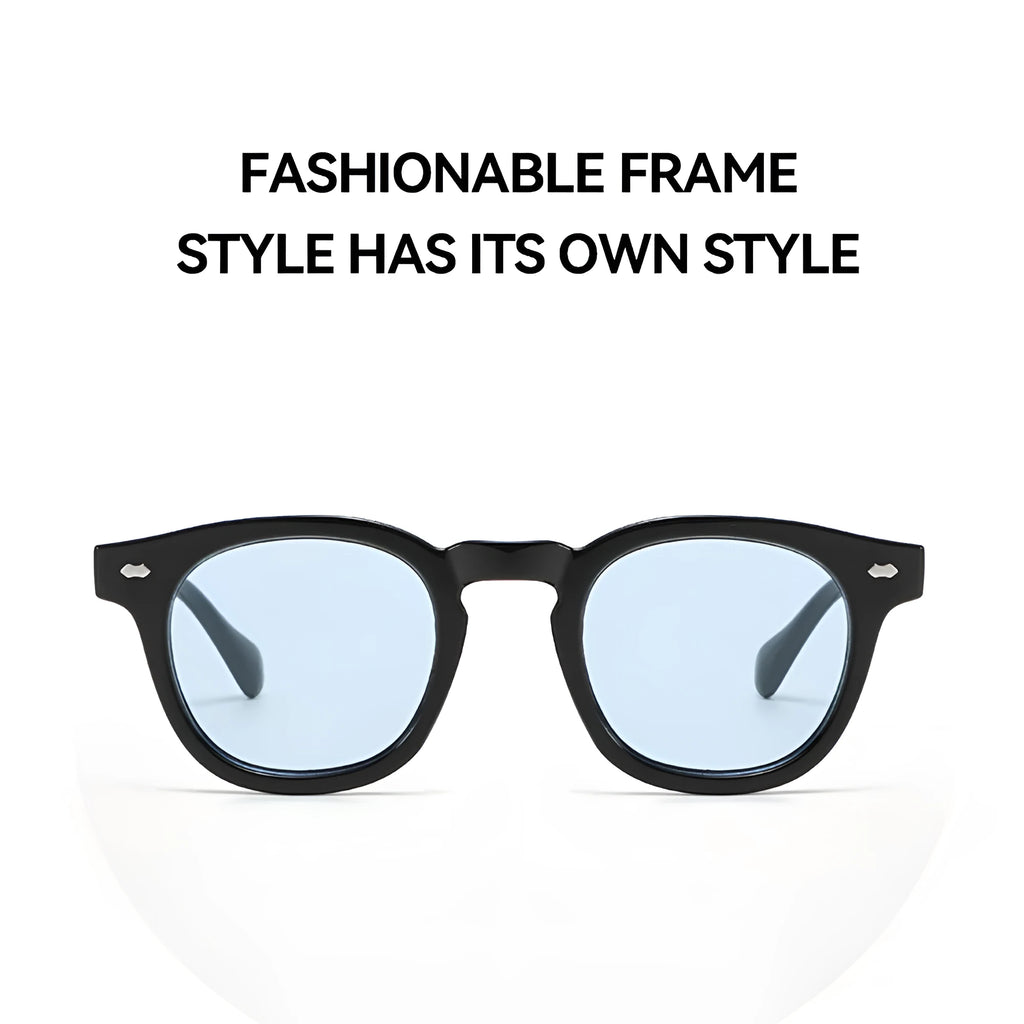 Round rim plastic sunglasses in bright black frame with black and grey lenses
