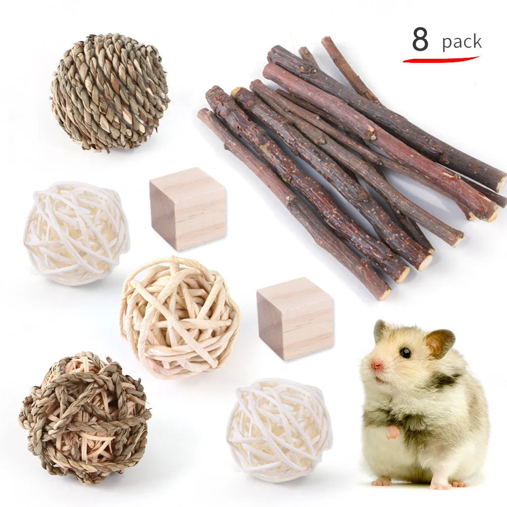 Assortment of wooden and natural fibre chewing toys for pet rabbits, guinea pigs, and parrots on a straw mat
