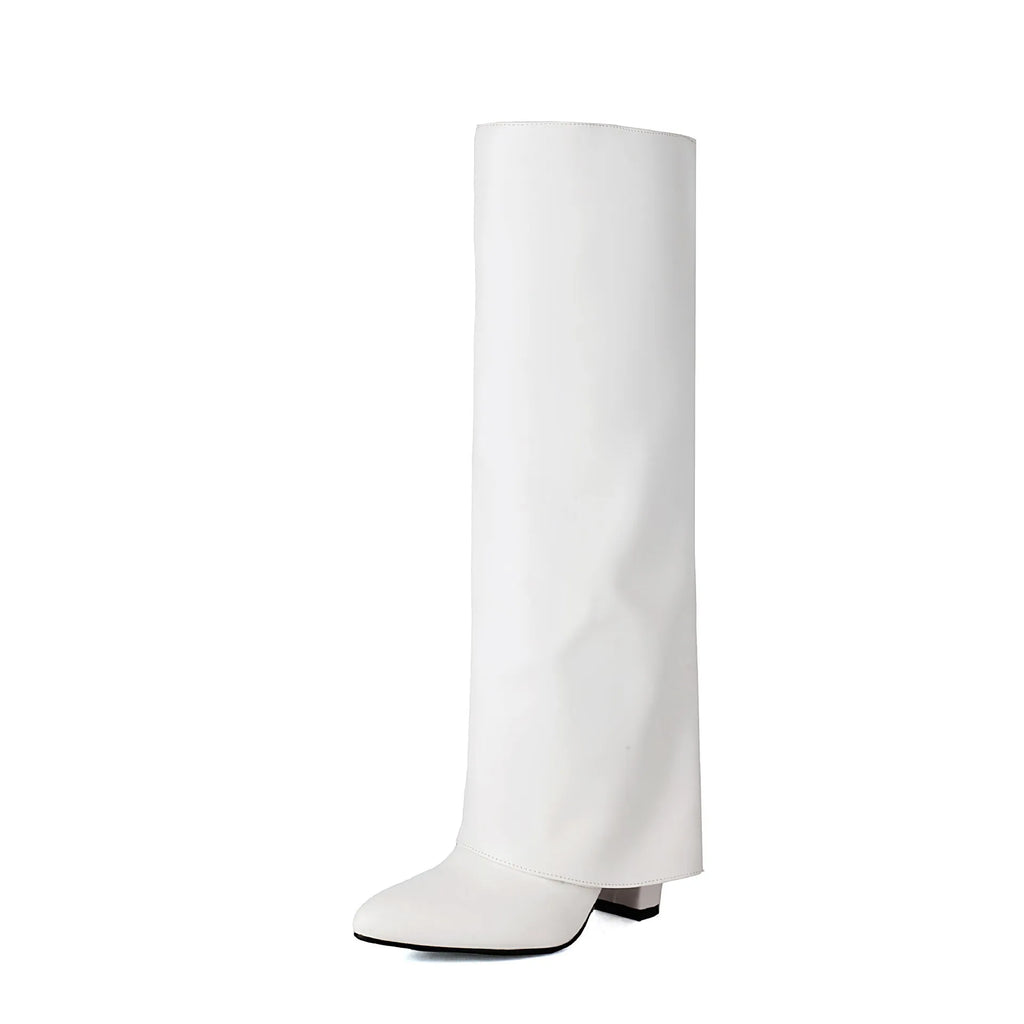 Women's black plus size high-heel winter boots with knee-high shaft and sewn detailing.