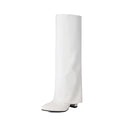 Women's black plus size high-heel winter boots with knee-high shaft and sewn detailing.