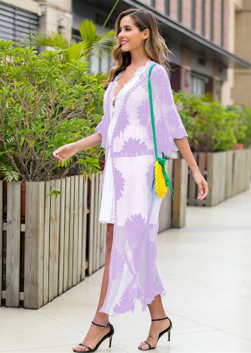 Light purple beach cardigan with lace embroidery detail, shown as beachwear cover-up