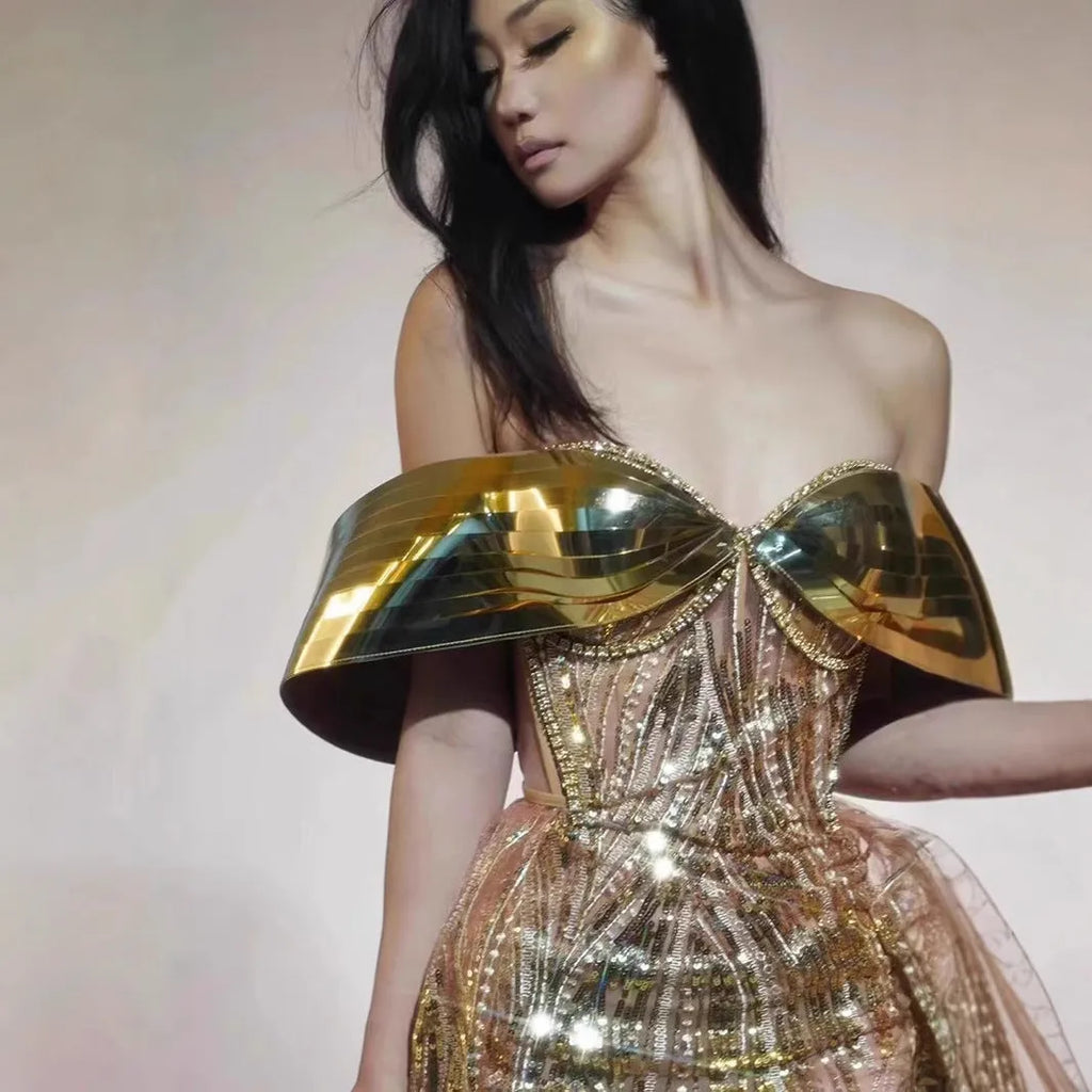 Gold strapless sequin long dress with tulle skirt and side slit for women