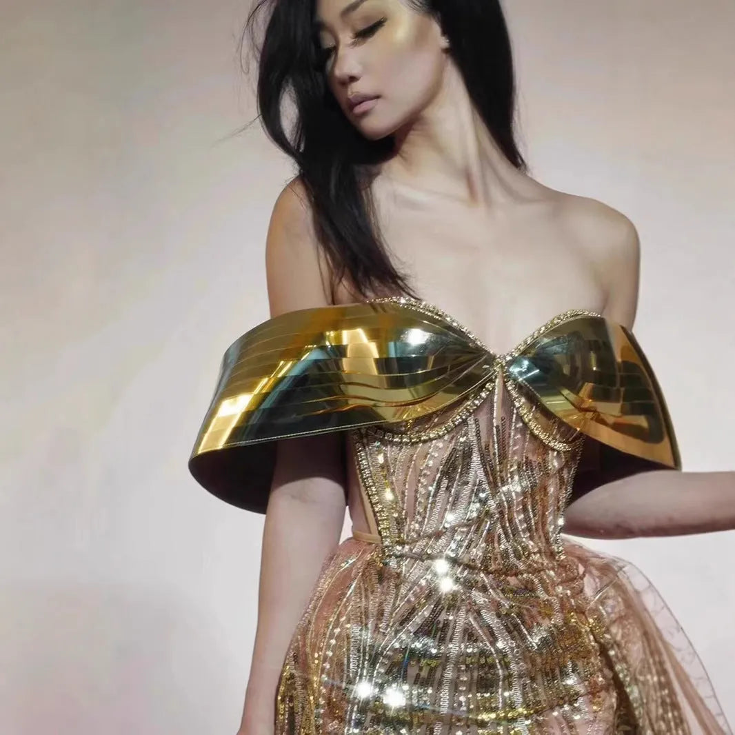 Gold strapless sequin long dress with tulle skirt and side slit for women