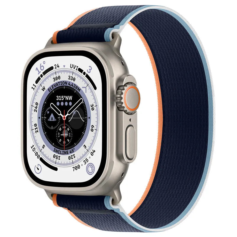 Black nylon Apple Watch band with integrated ring closure on a 44mm watch case.