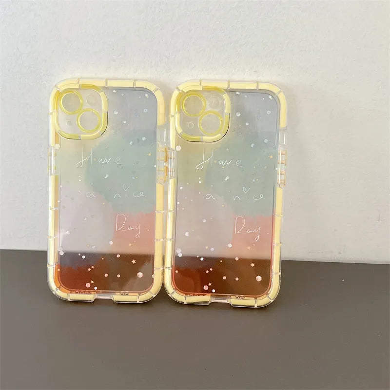 Slim minimalist silicone phone case for iPhone 14 with a yellow edge on a contrasting background.