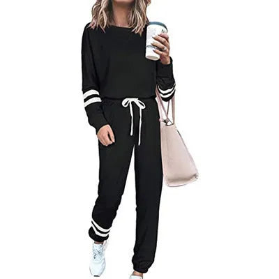 Women's loose fit solid color two-piece casual suit in apricot, black, and blue sizes S to 3XL