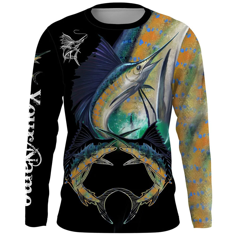 Men's long-sleeved pullover top with a fish pattern print in Milk Silk fabric.