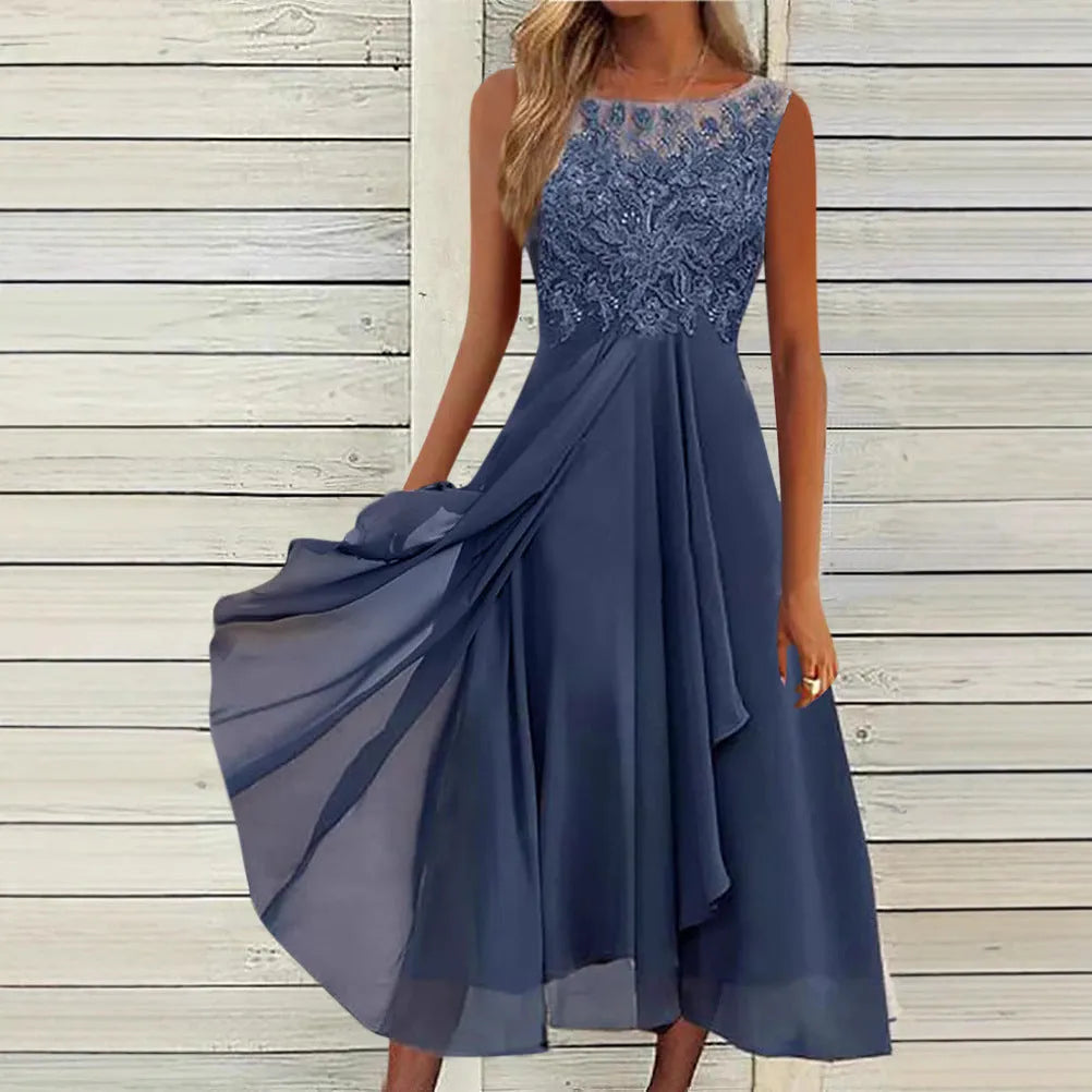 Women's sleeveless chiffon dress with lace stitching detail in midi length