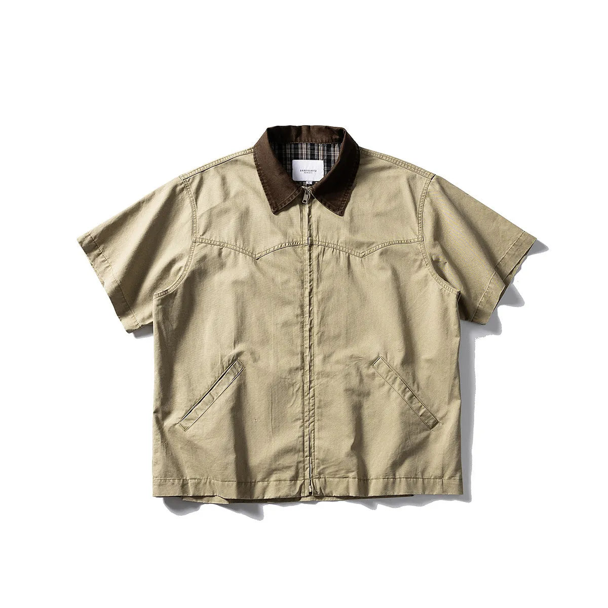 Washed overalls short sleeve shirt in cotton fabric, khaki or grey colour, loose fit casual wear