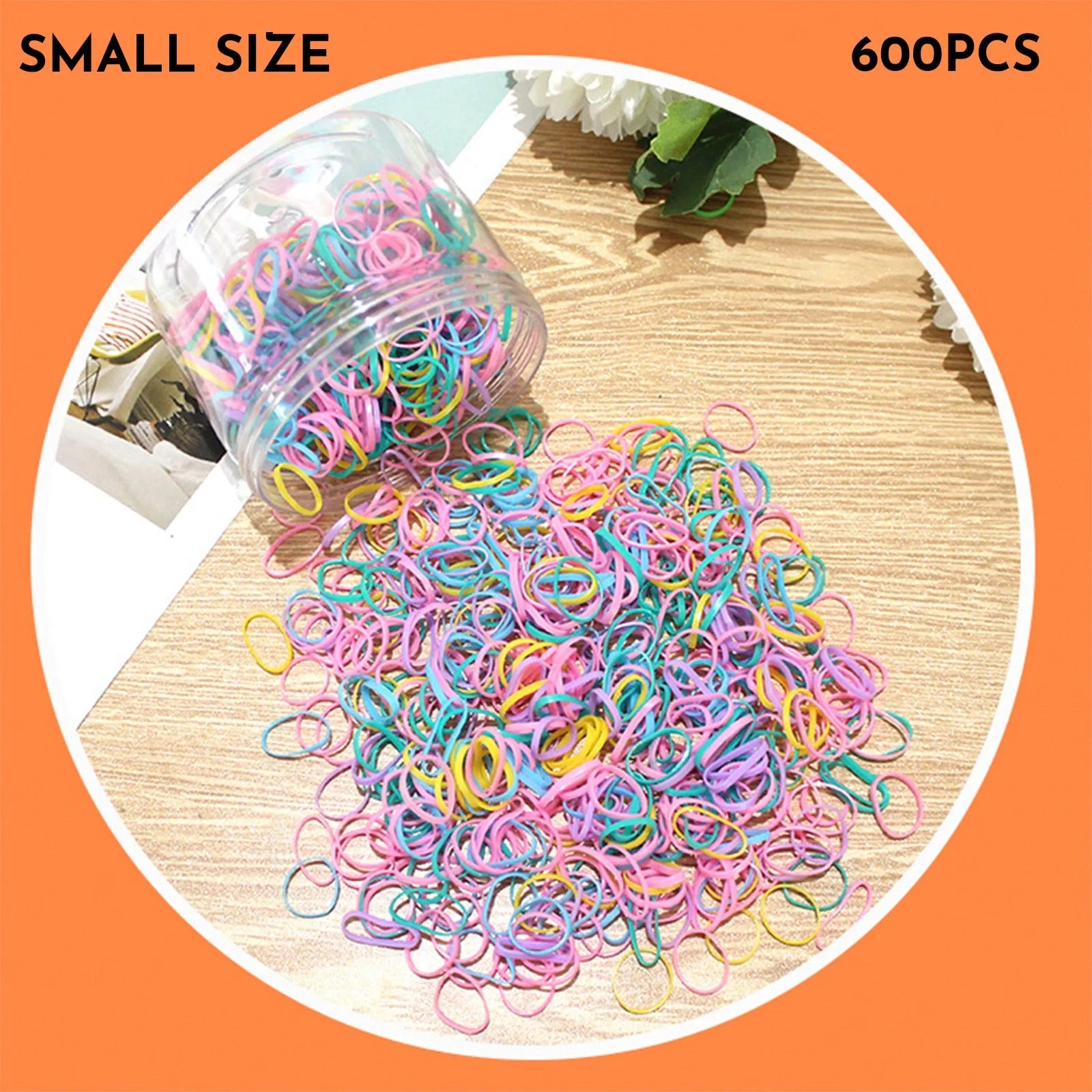 Pack of multicoloured thin TPU baby hair ties stored in a clear reusable plastic container.